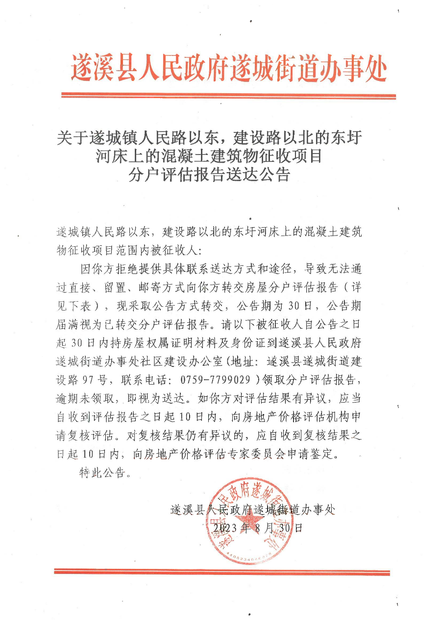 關(guān)于遂城鎮(zhèn)人民路以東，建設(shè)路以北的東圩河床上的混凝土建筑物征收項目分戶評估報告送達公告.bmp