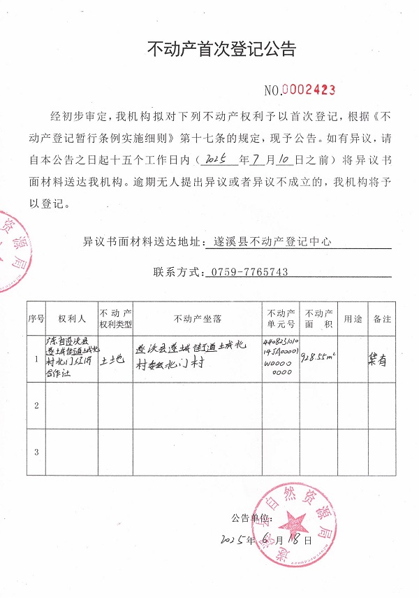 不動(dòng)產(chǎn)首次登記公告（廣東省遂溪縣遂成街道城北村北門(mén)經(jīng)濟(jì)合作社）.jpg